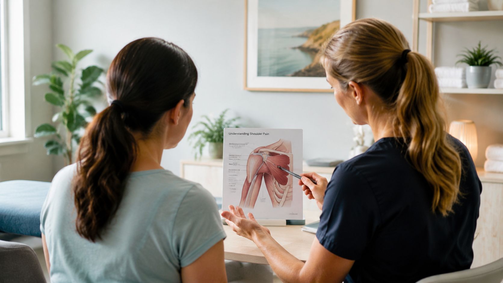 Fysioterapeut forklarer skulderanatomi ved hjælp af en anatomisk planche til en patient under konsultation på klinikken.