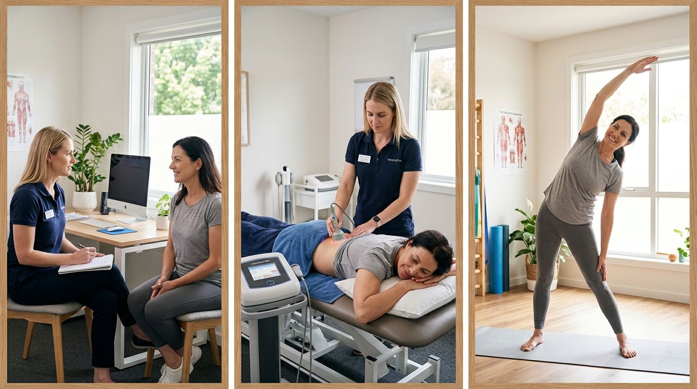 En fysioterapeut behandler en klient med laserterapi i en klinik, herunder konsultation og rehabiliteringsøvelser.