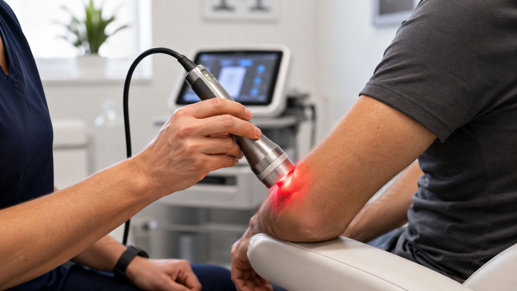 En fysioterapeut behandler en patients albue med en laserterapimaskine for at lindre smerter og fremme healing.
