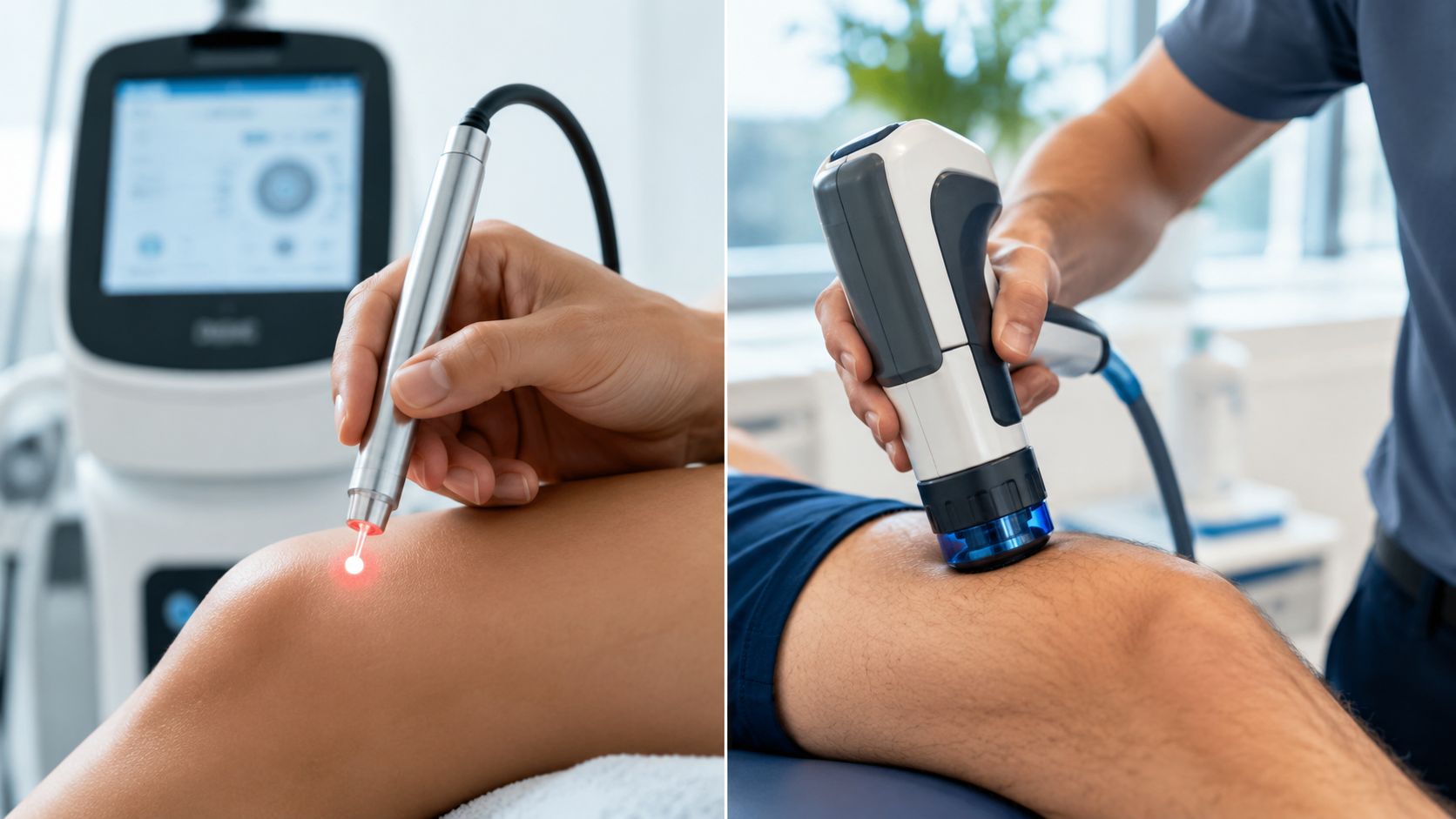 Behandler der anvender laserterapi og chokbølgeterapi til smertelindring og genoptræning af et knæ i en klinik.