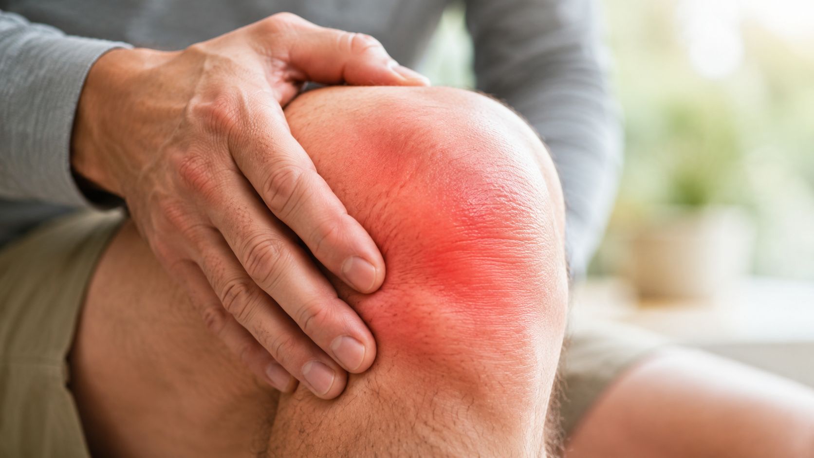 En person holder sin hævede knæskal, hvilket indikerer knæsmerter eller inflammation, der kræver professionel medicinsk vurdering og behandling.