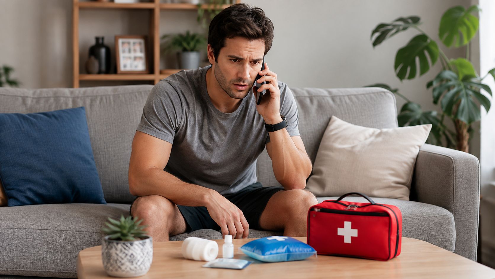 En bekymret mand sidder i sofaen og taler i telefon ved siden af et førstehjælpskit.