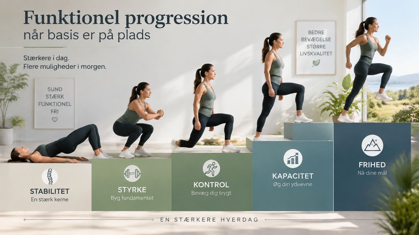 En kvinde viser fem trin for funktionel træning fra stabilitet og styrke til kontrol, kapacitet og frihed.