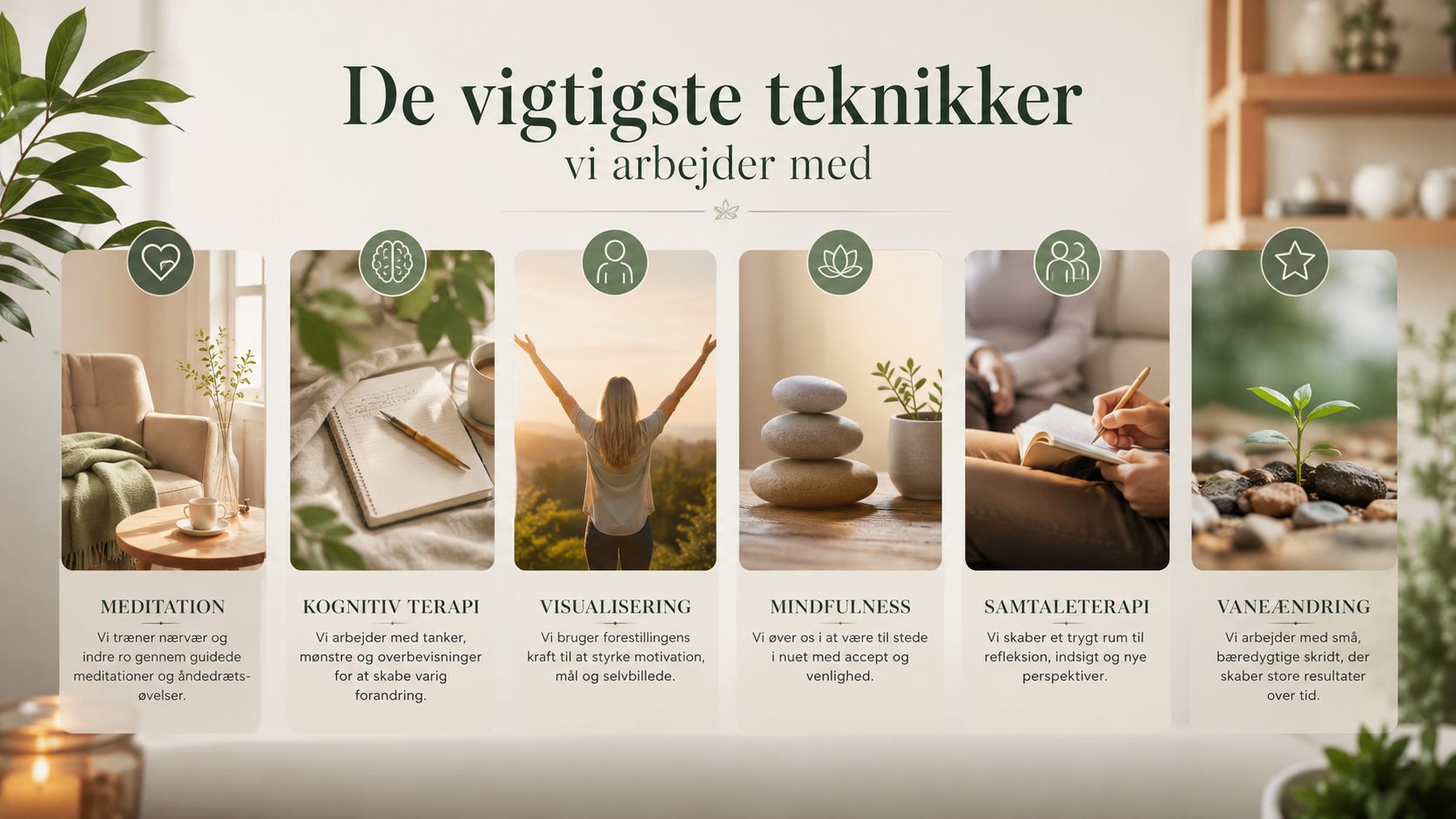Oversigt over seks terapeutiske teknikker herunder meditation, kognitiv terapi og mindfulness præsenteret med inspirerende billeder og beskrivelser.