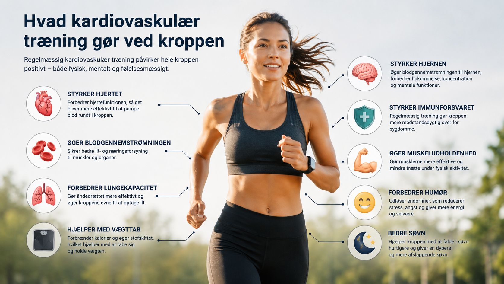 En kvinde løber og infografik viser fordelene ved kardiovaskulær træning for sundhed, muskler, humør og søvn.
