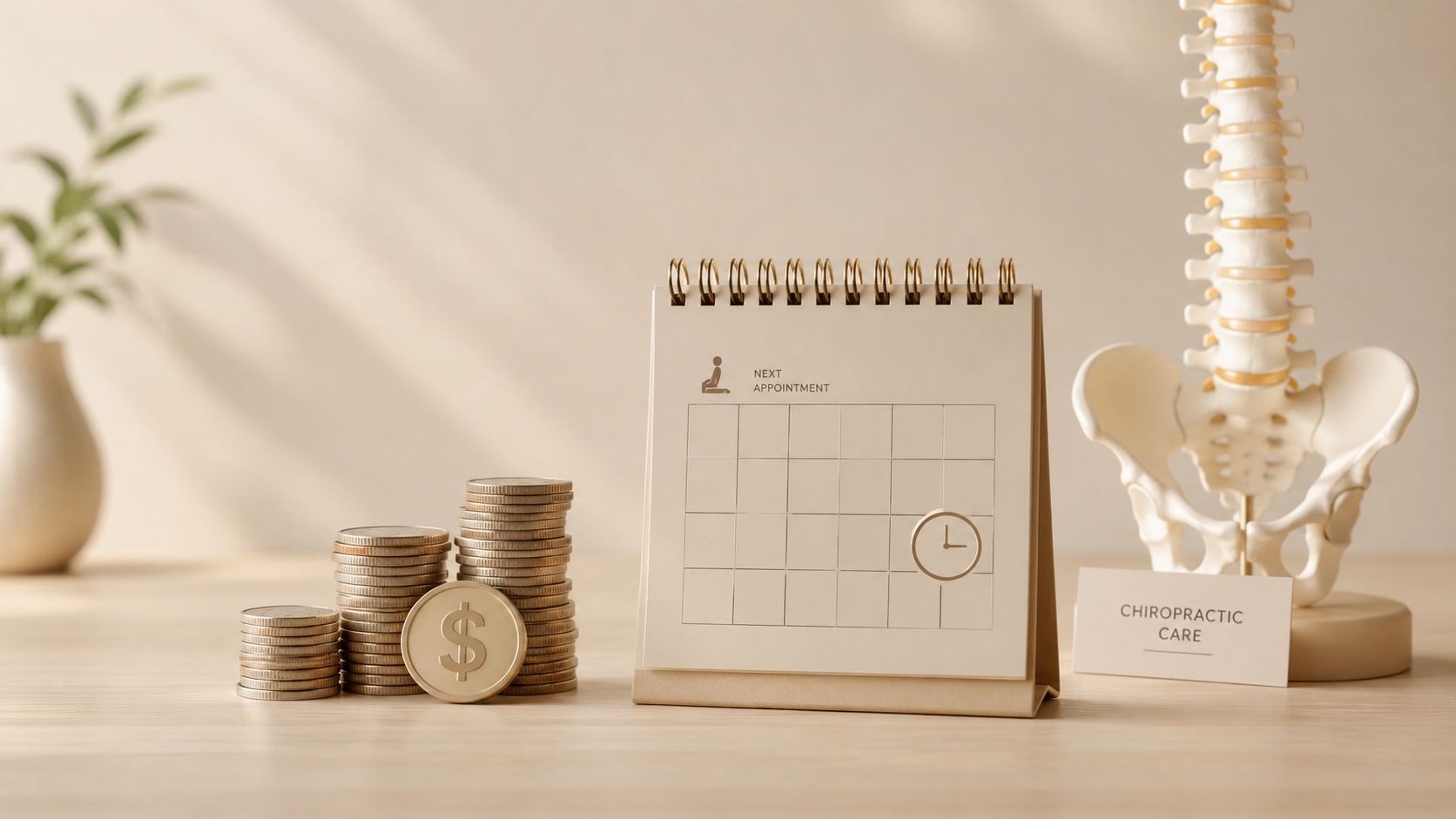 En kiropraktor-kalender med mønter og en model af rygsøjlen på et bord for sundhed og økonomi.