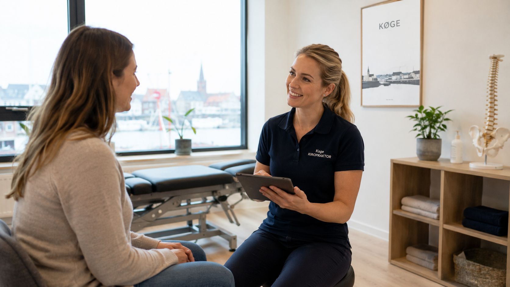 En smilende kvindelig kiropraktor i Køge sidder med en tablet og rådgiver en patient i klinikken.