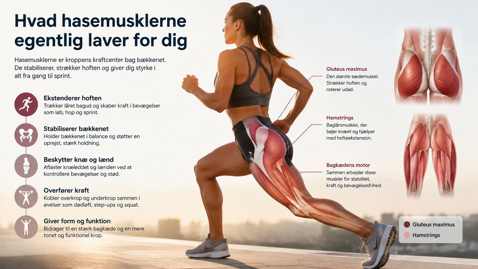 En infografik der viser hasemusklerne og gluteus maximus funktion, placering og betydning for kroppens stabilitet og styrke.
