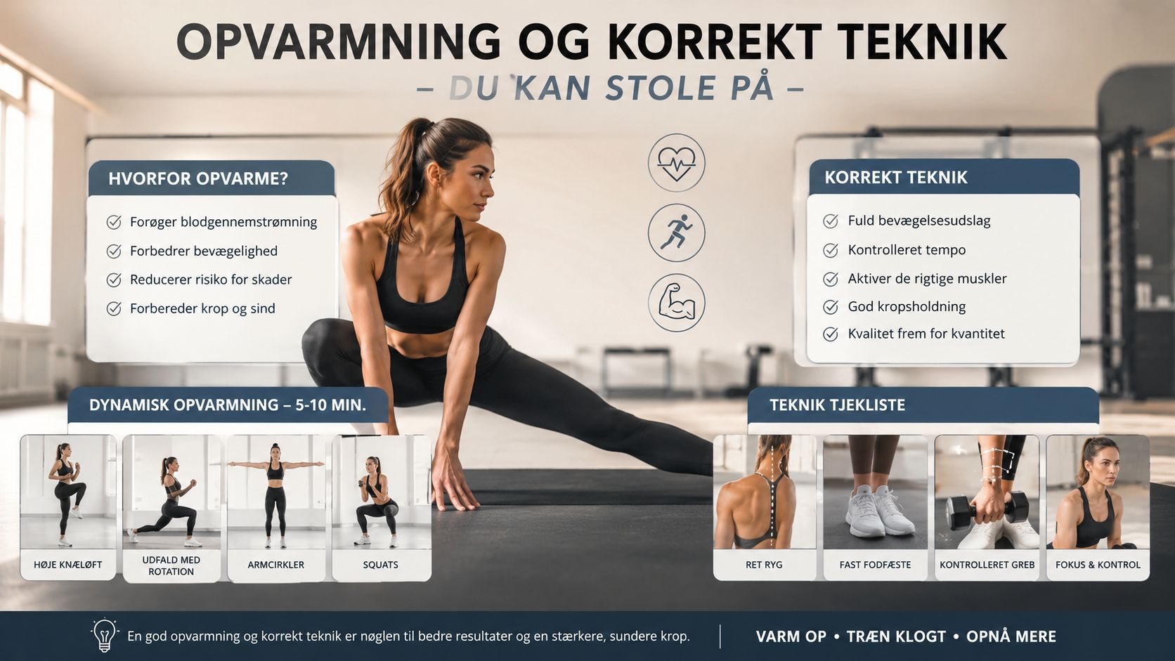 Grafisk oversigt der forklarer vigtigheden af opvarmning og korrekt teknik ved hjemmetræning for bedre resultater.