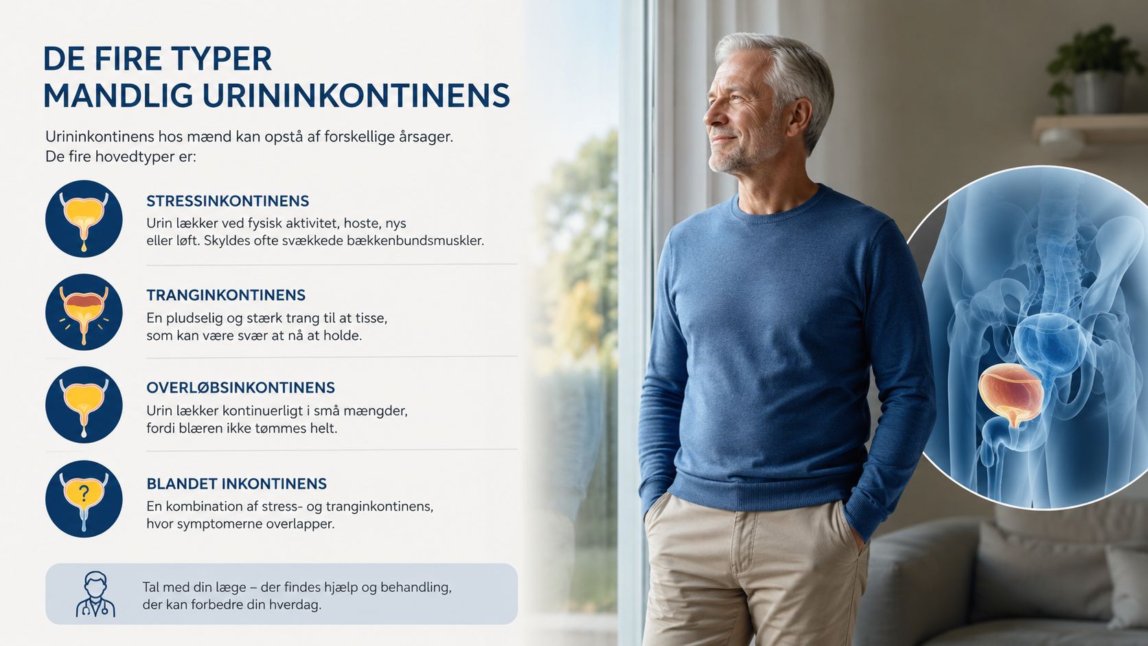 En infografik der forklarer de fire hovedtyper af mandlig urininkontinens med illustrationer af blæren og lægelig rådgivning.