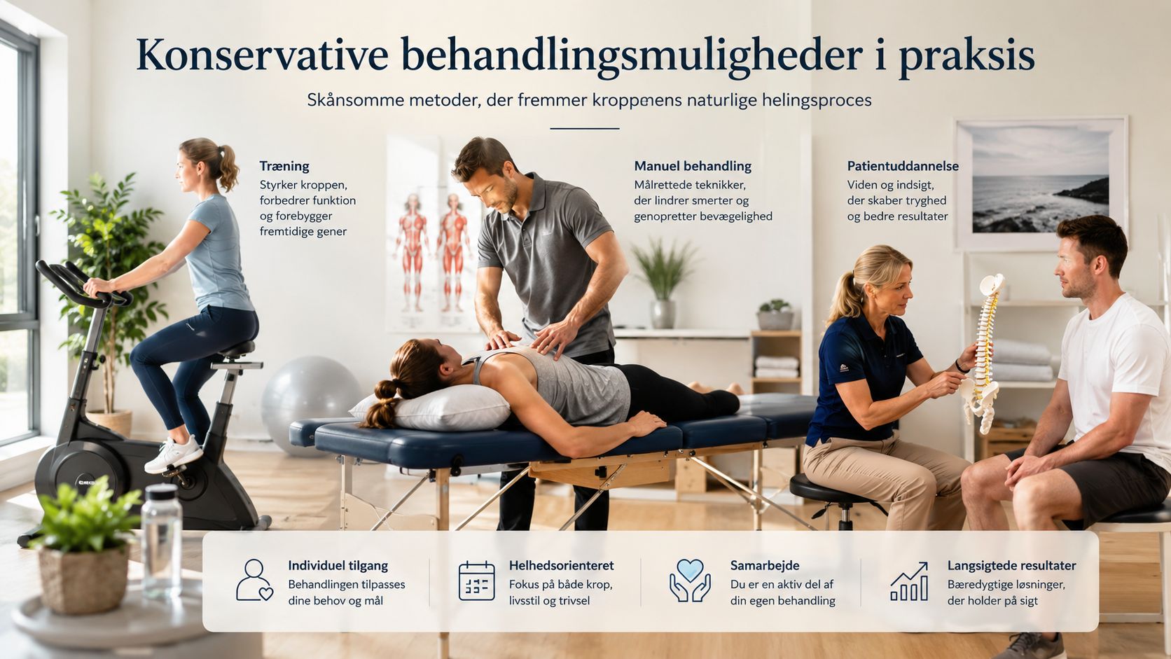 Fysioterapeutisk klinik viser træning, manuel behandling og patientuddannelse som led i en helhedsorienteret behandling af smerter.
