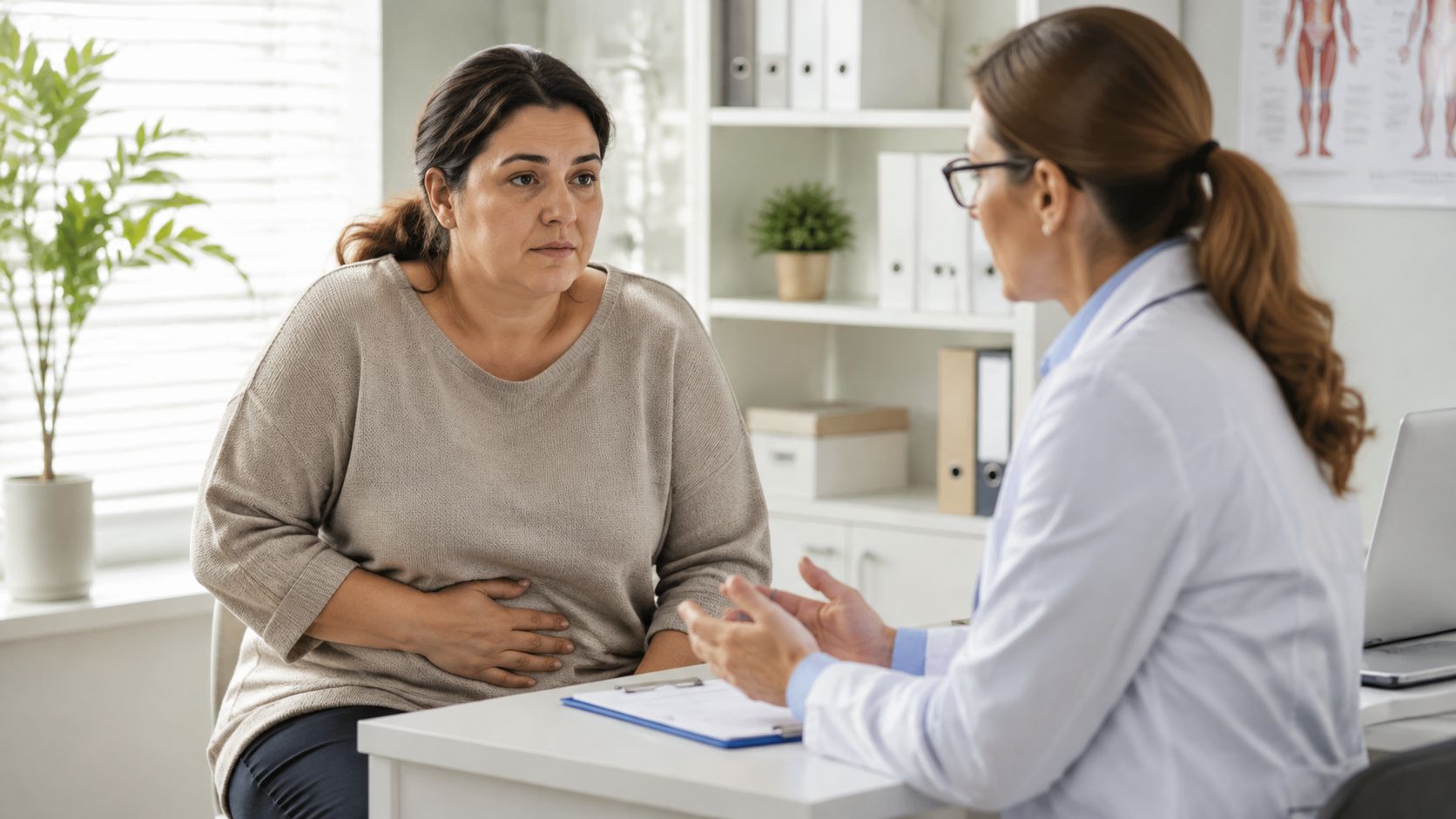 En patient taler med sin læge under en konsultation i et lyst og professionelt lægekontor