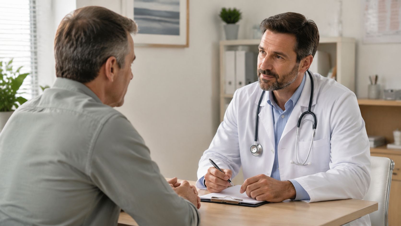 En læge sidder ved sit skrivebord og fører en samtale med en patient i en konsultation.
