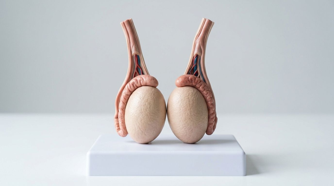 En anatomisk model af mandlige testikler og bitestikler på en hvid flad base mod en neutral baggrund.