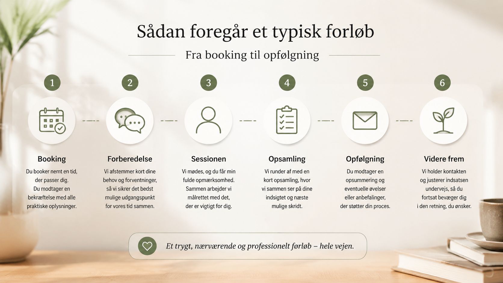 En infografik der viser de seks trin i et professionelt forløb fra booking til videre opfølgning.