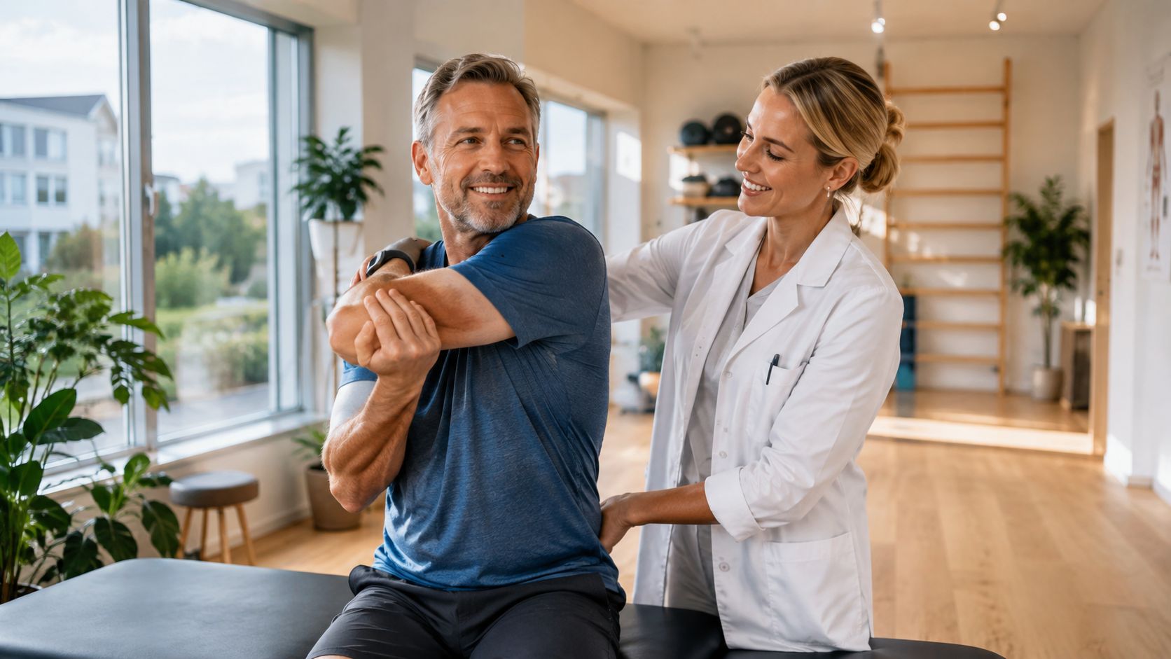 En smilende fysioterapeut hjælper en patient med at udføre en strækøvelse i en moderne klinik med dagslys