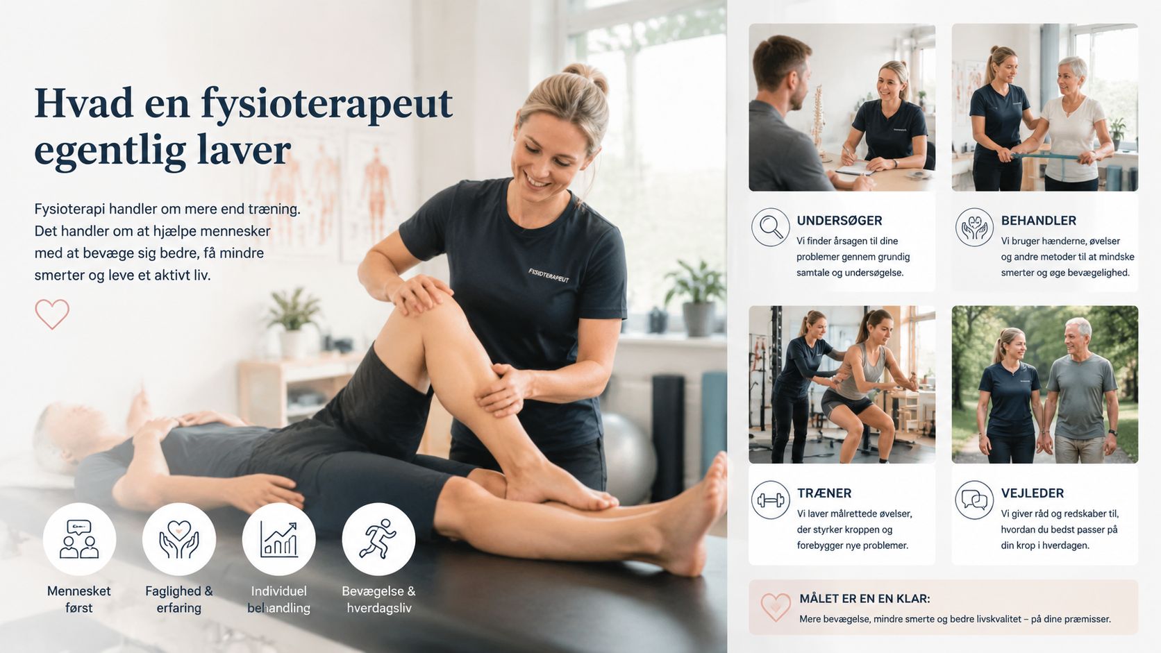 En fysioterapeut arbejder med en patient på en briks, mens tekst forklarer hvad faget indebærer.
