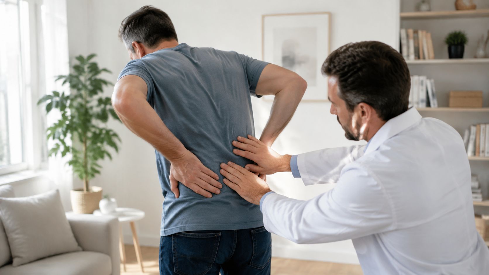 En professionel kiropraktor eller fysioterapeut undersøger ryggen på en mandlig patient, der lider af smerter i lænden.