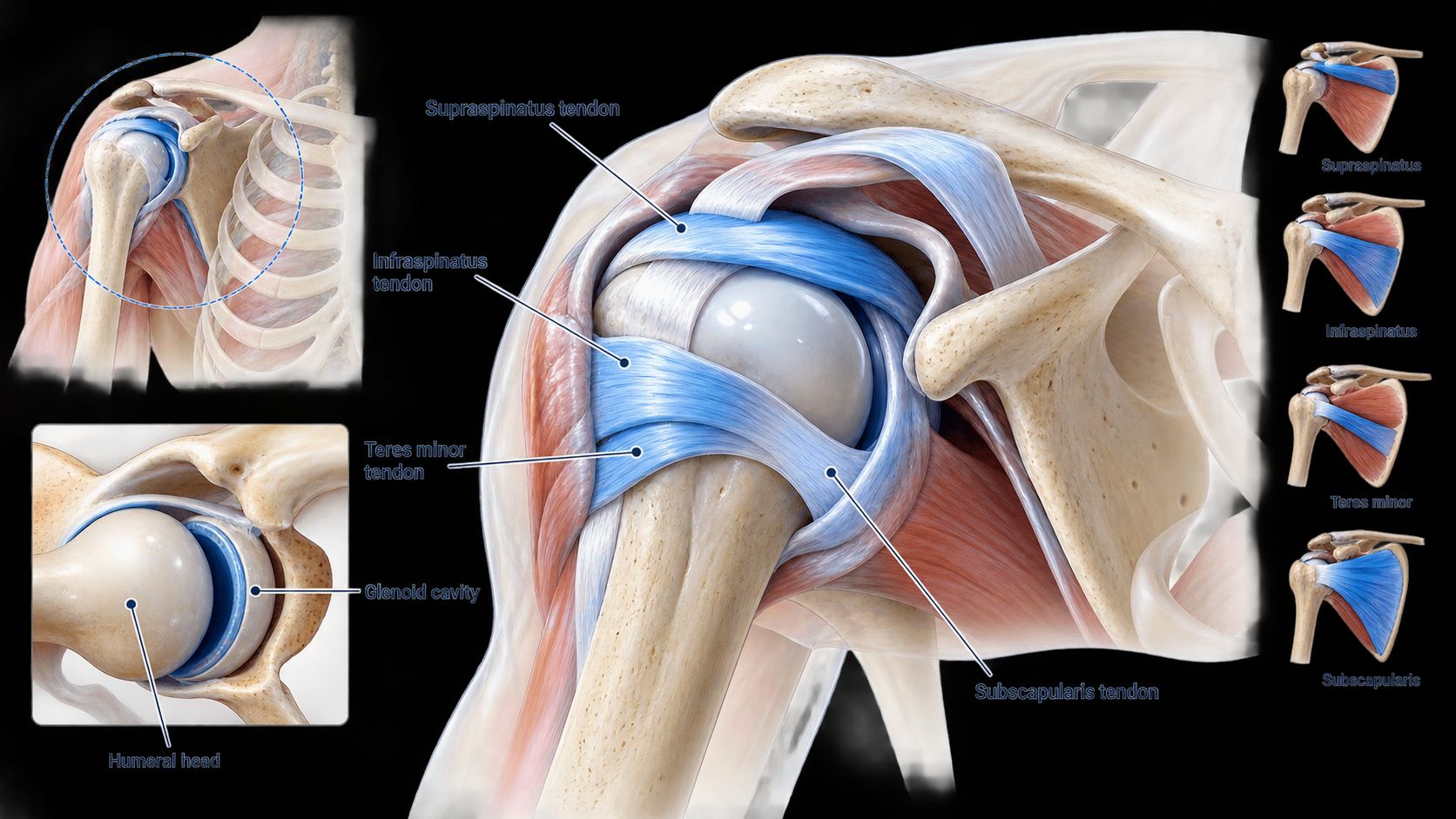 Anatomisk illustration af skulderleddet og rotator cuff-muskulaturen, der viser senernes placering omkring overarmsknoglen og skulderbladet.