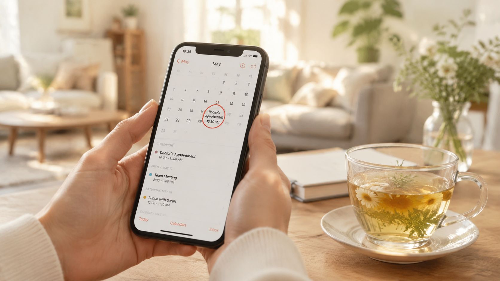 En person holder en smartphone med en kalender-app, der viser en planlagt lægetid for seksuel sundhed.