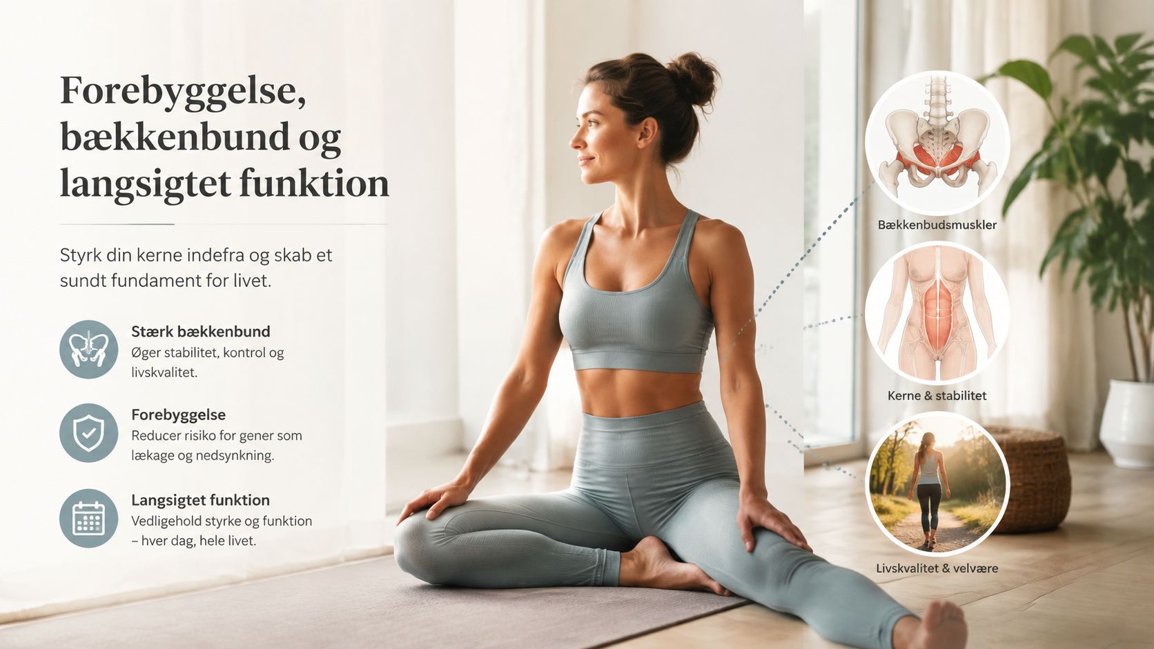 Kvinde der praktiserer yoga for at styrke bækkenbund, kerne og fremme langsigtet fysisk velvære og sundhed.