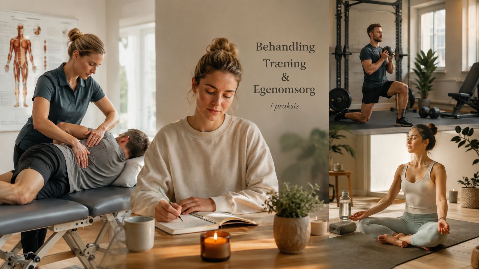 En fysioterapeut behandler en patient mens en kvinde skriver noter, og andre dyrker fitness og mindfulness.