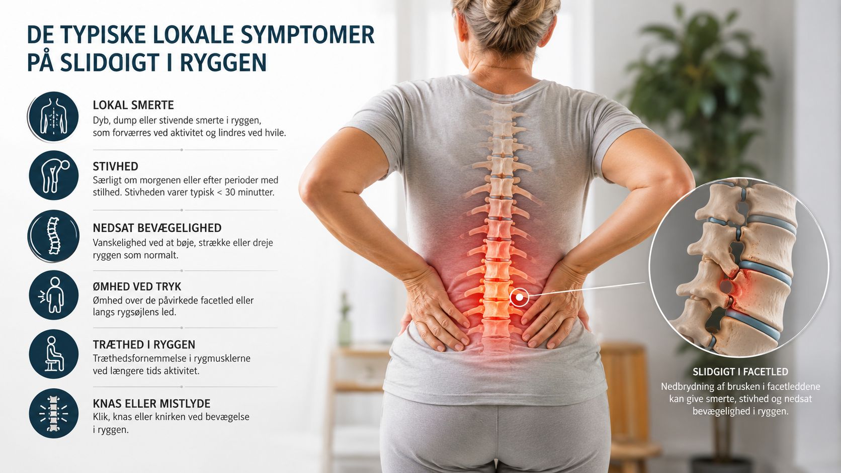Illustration af typiske symptomer på slidgigt i ryggen, herunder rygsmerter, stivhed, nedsat bevægelighed og ubehag i facetleddene.