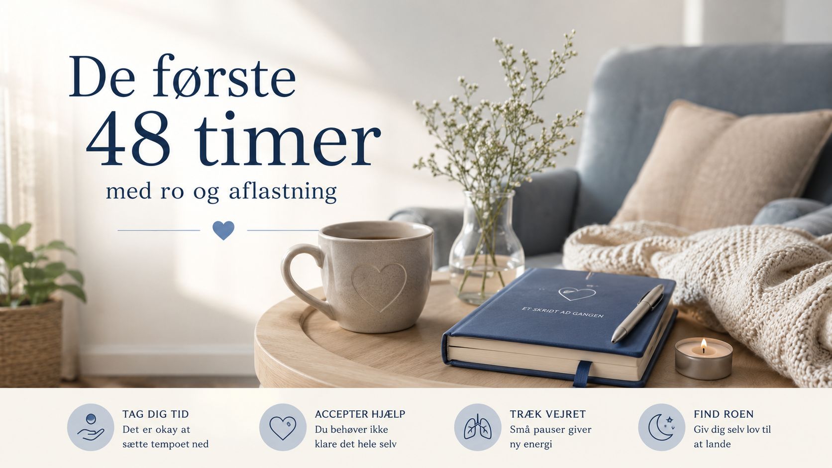 Illustration af velvære og ro med teksten De første 48 timer med ro og aflastning.