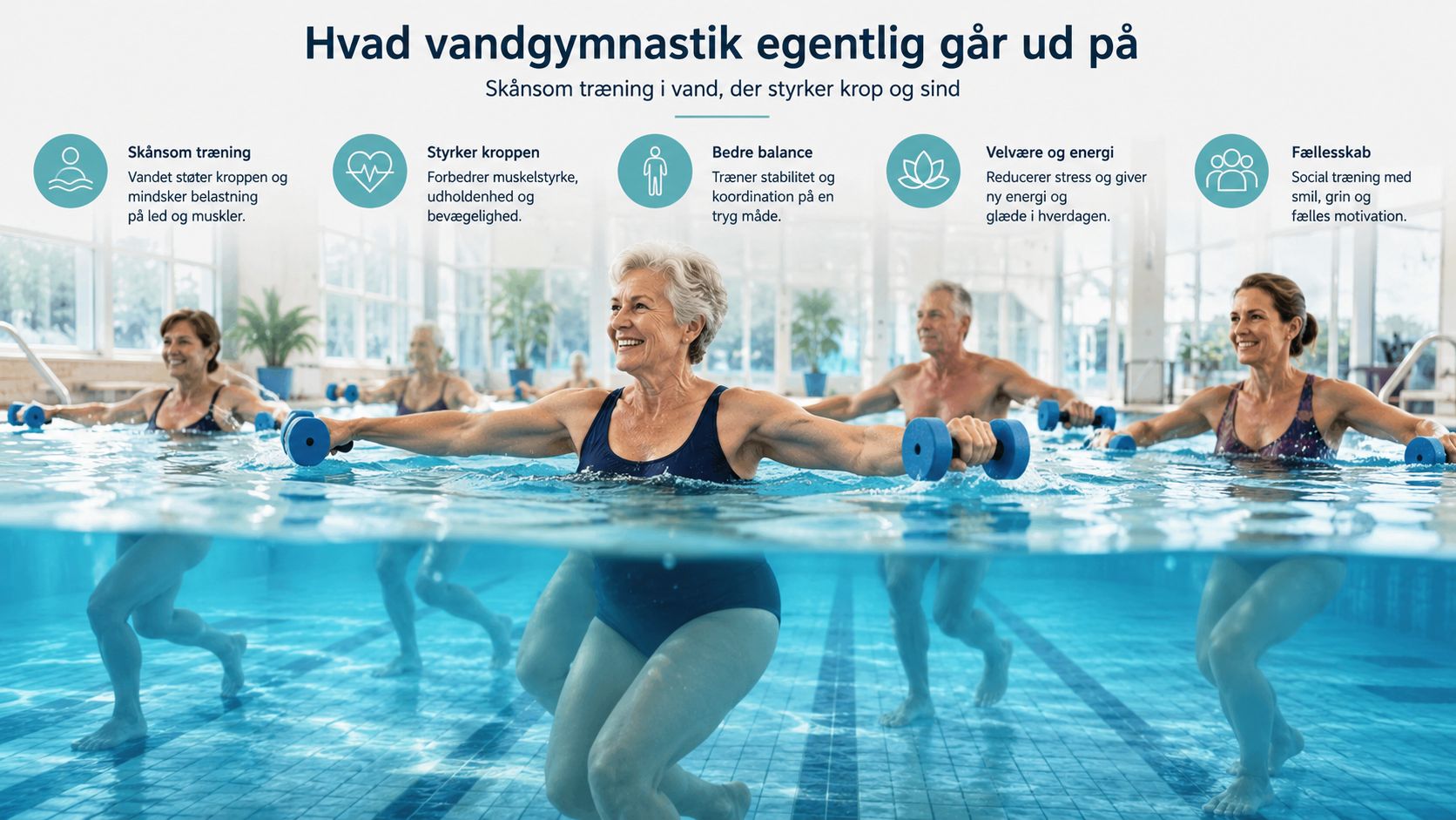 En gruppe smilende ældre mennesker, der dyrker skånsom vandgymnastik med håndvægte i en indendørs svømmehal.