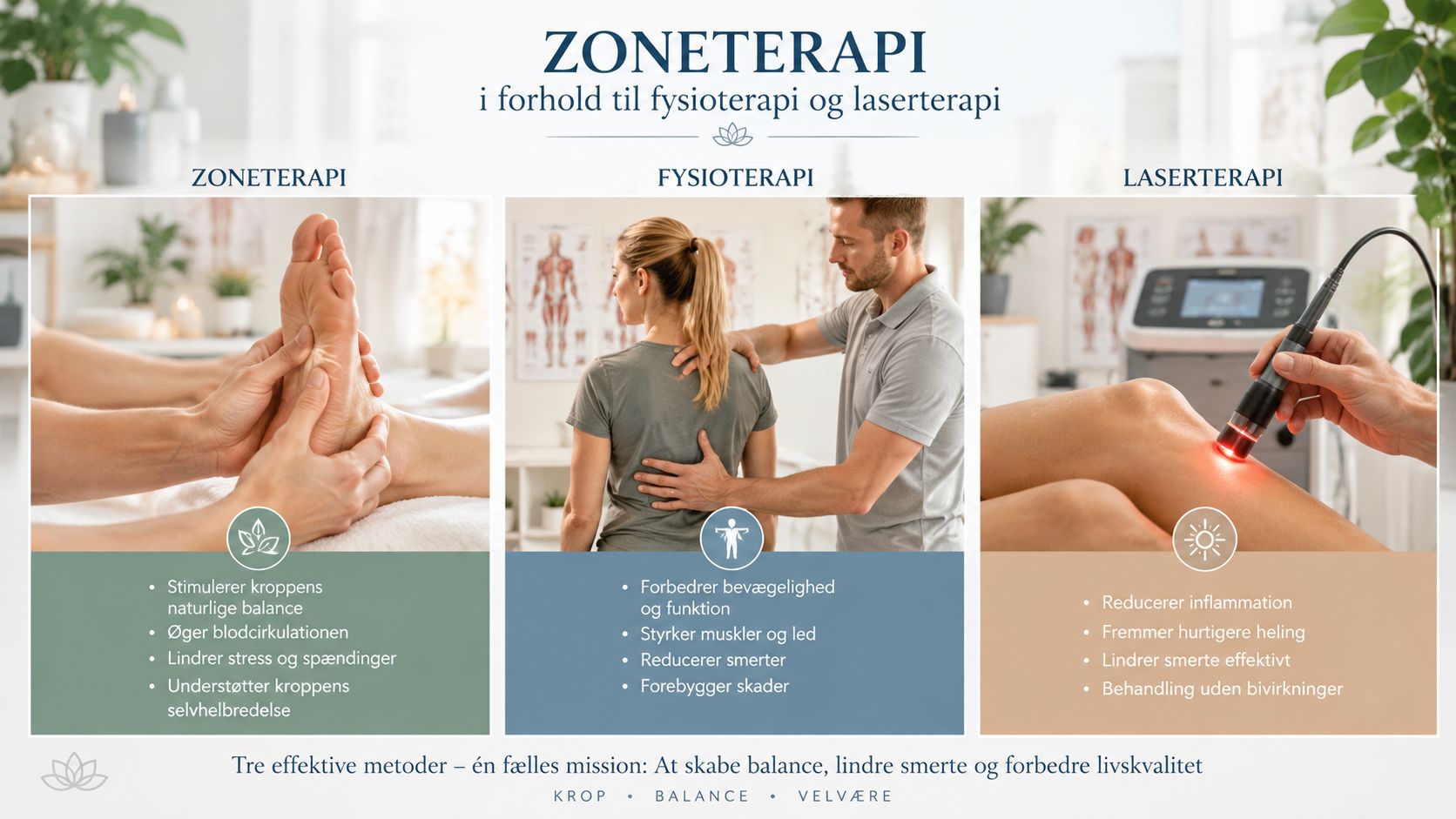 En infografik der viser forskellene mellem zoneterapi, fysioterapi og laserterapi for at skabe balance og velvære.
