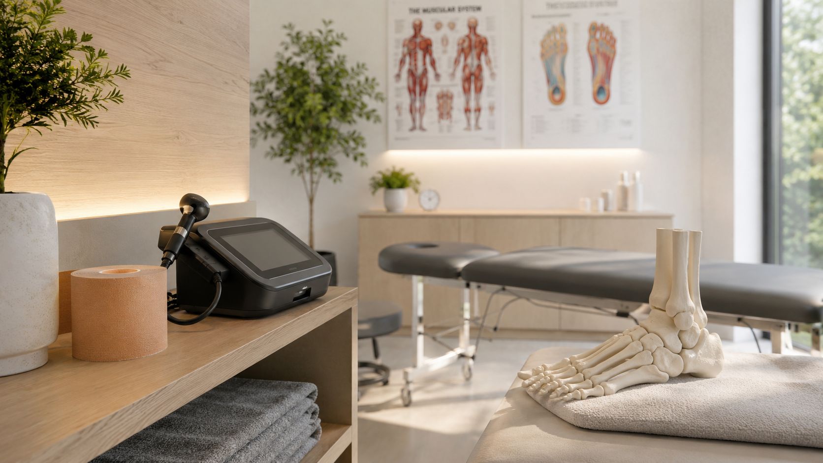 Moderne klinikrum med zoneterapiudstyr, fodmodel og anatomiske plakater til behandling af patienter i lyse omgivelser.