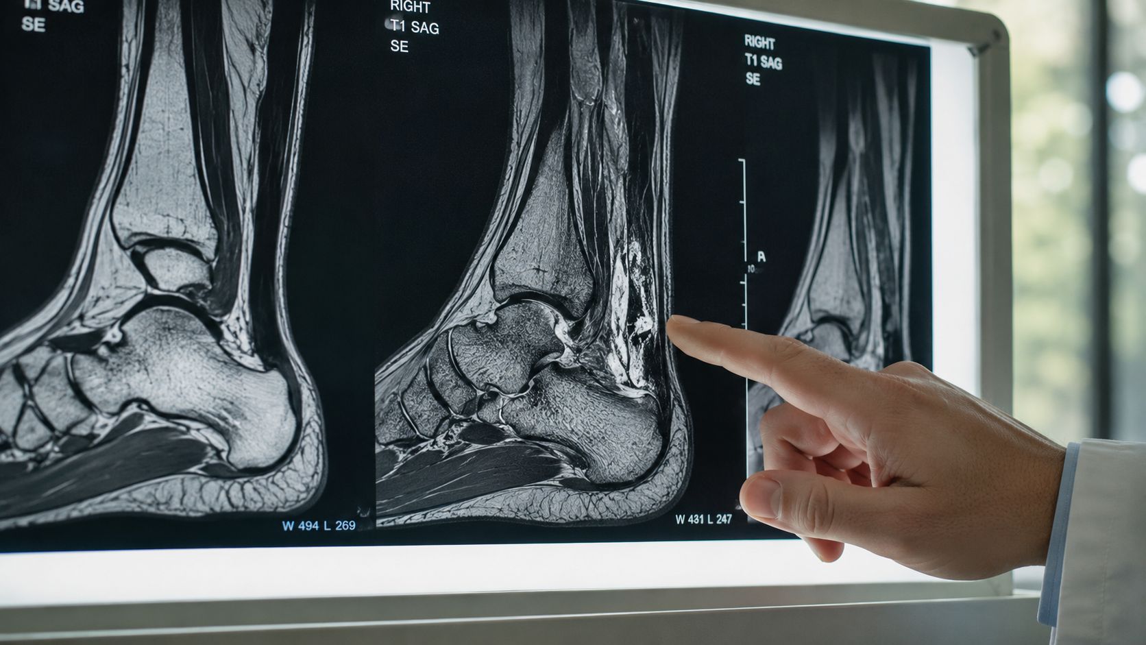 En læge undersøger en MR-scanning af en ankel og peger på en mulig skade i akillessenen.