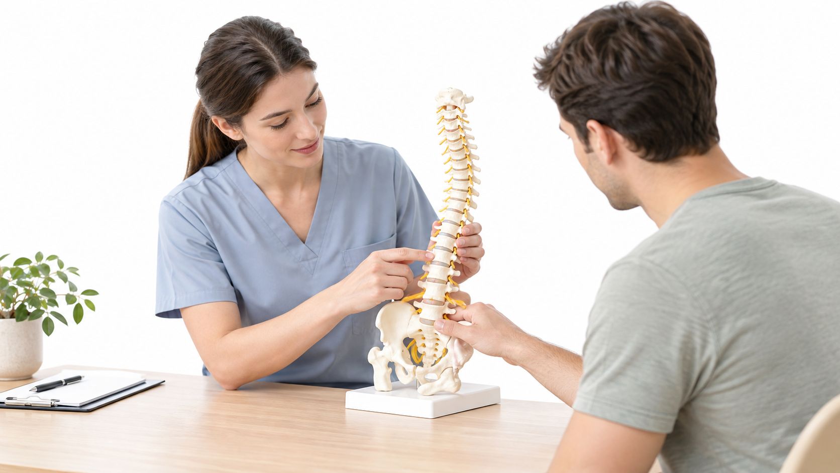 En kvindelig fysioterapeut forklarer rygsøjlens anatomi til en mandlig patient ved hjælp af en anatomisk model.