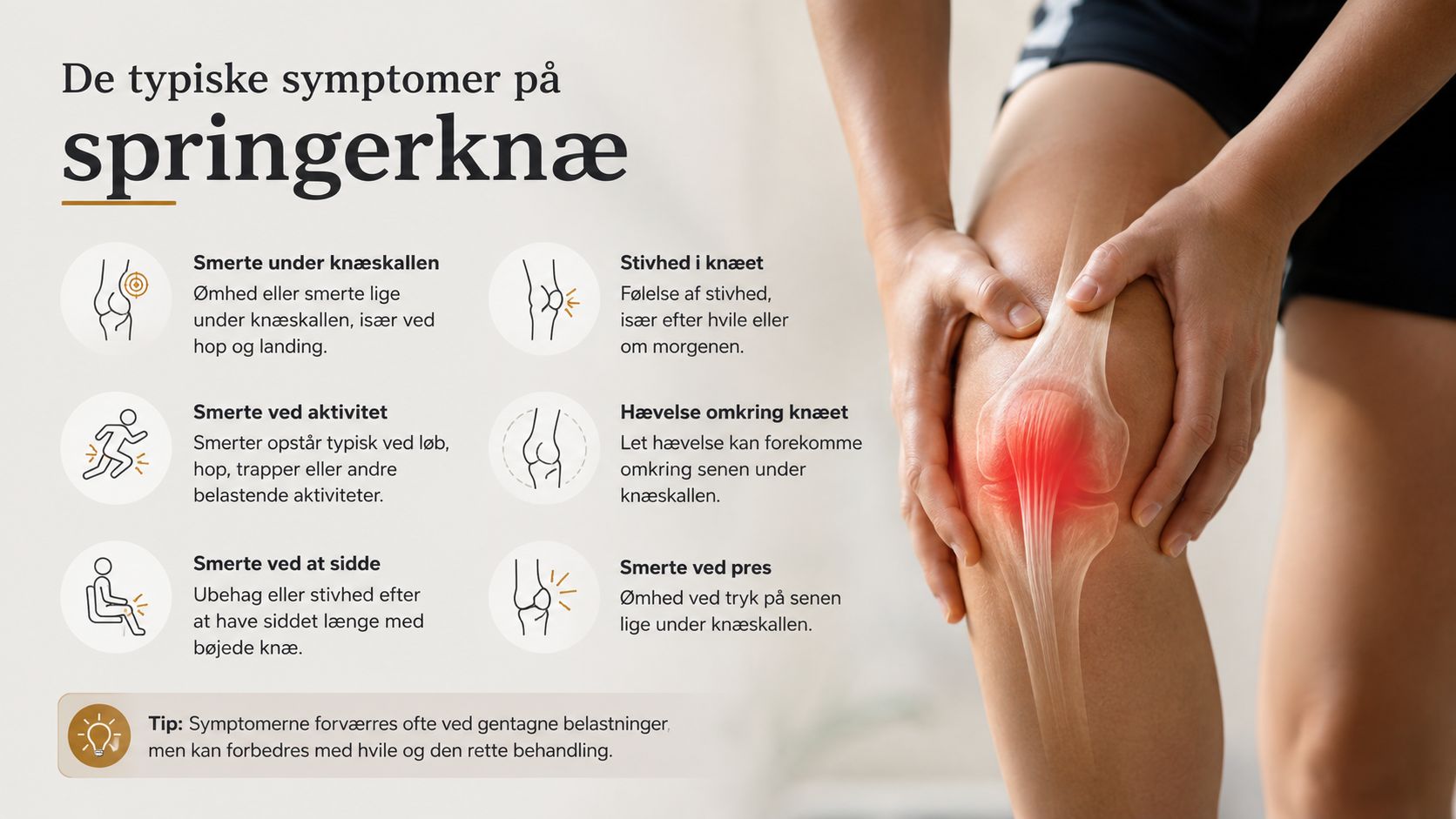 En infografik der viser de typiske symptomer på springerknæ med illustrationer og forklarende dansk tekst.