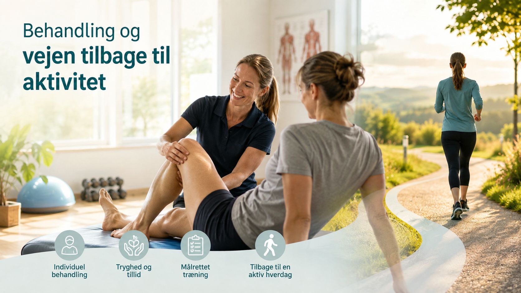 En fysioterapeut undersøger knæet på en kvindelig patient i en klinik, mens en løber ses i baggrunden.