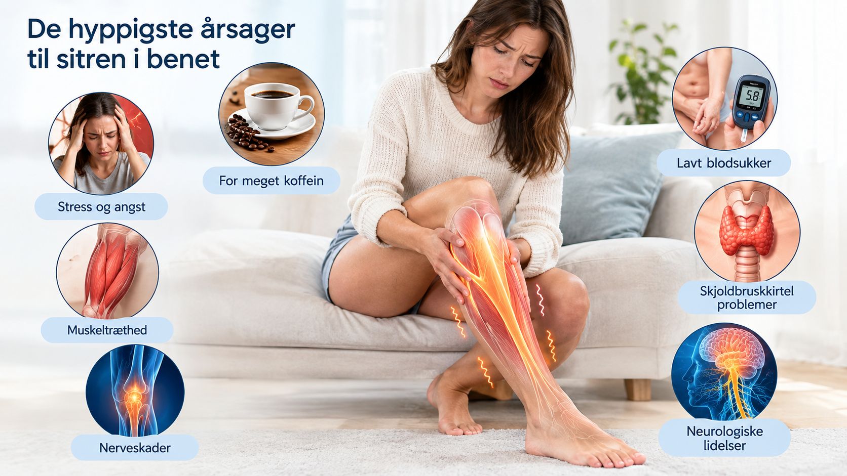 En infografik der viser de hyppigste årsager til sitren i benet, herunder stress, koffein og nerveskader.