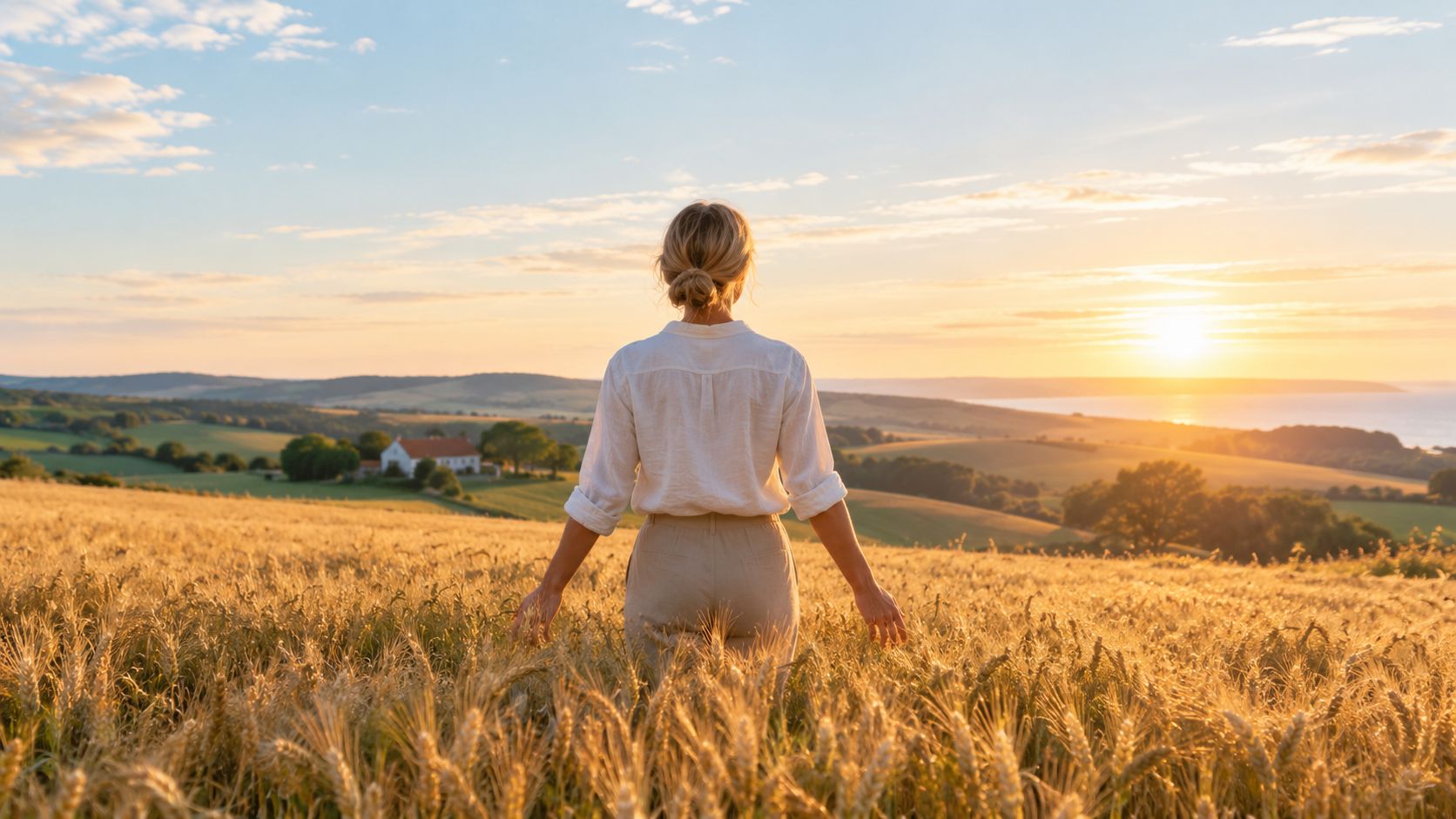 Kvinde står i en gylden hvedemark ved solnedgang og nyder freden og den smukke udsigt over landskabet.