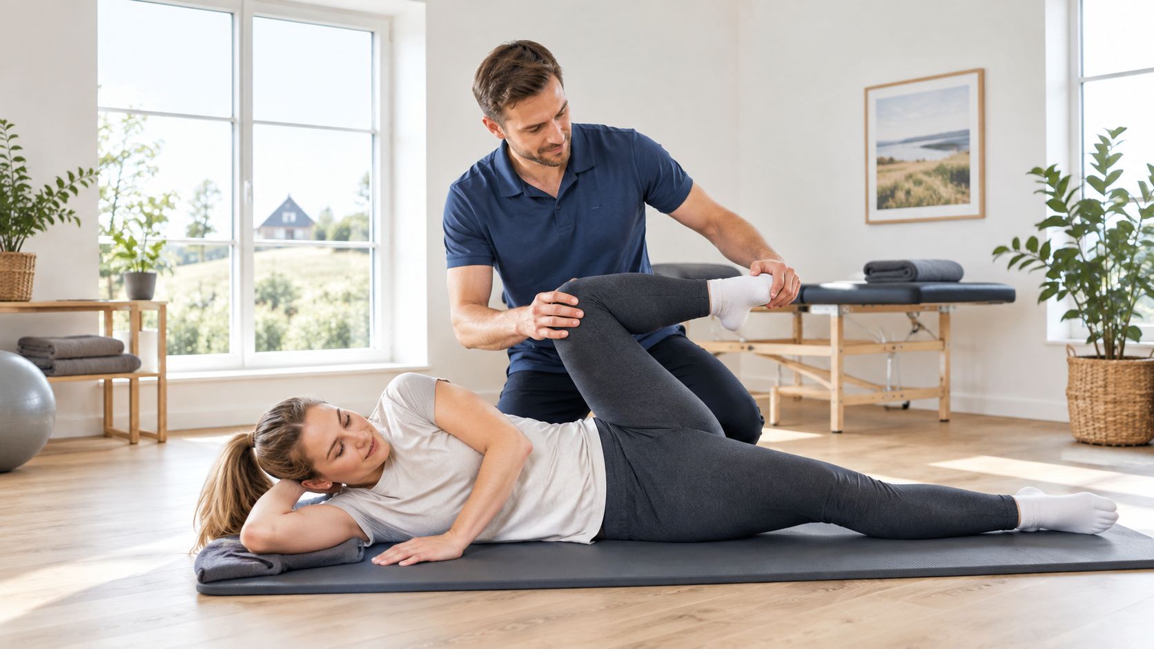 En fysioterapeut behandler en kvinde, der ligger på en yogamåtte og får strukket sit ben og hofte ud.