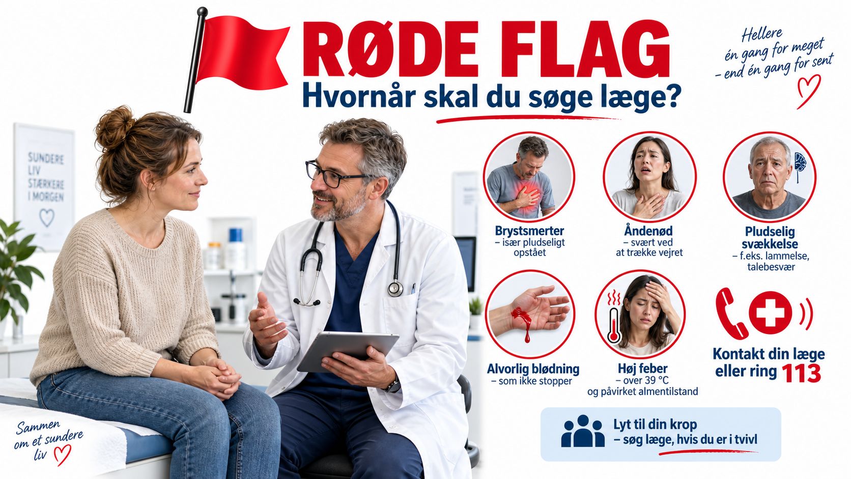 Plakat om røde flag og hvornår man bør søge læge ved akutte symptomer som brystsmerter eller feber.