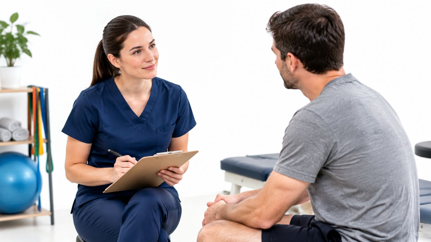 En kvindelig fysioterapeut taler med en mandlig patient, der sidder på en briks i en klinik.