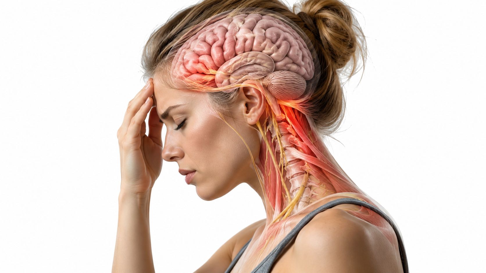 Kvinde der lider af kraftig hovedpine med en anatomisk illustration af hjernen og nerverne i hendes nakke.