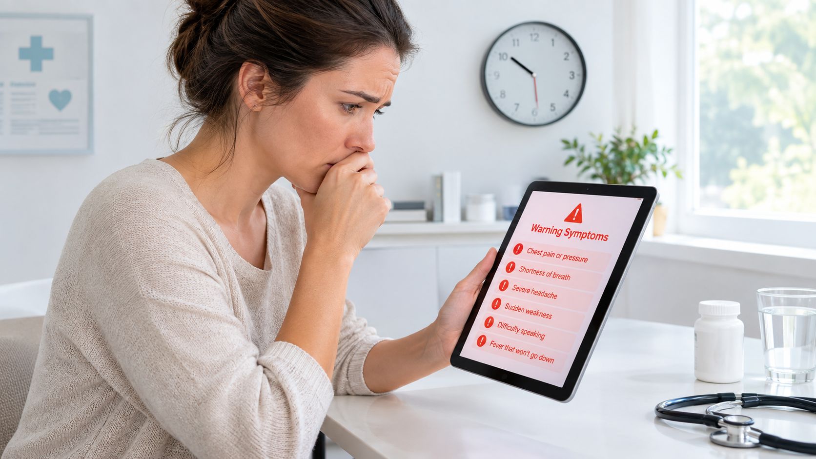 En bekymret kvinde kigger på en tablet, der viser en liste over alvorlige medicinske advarselssymptomer.