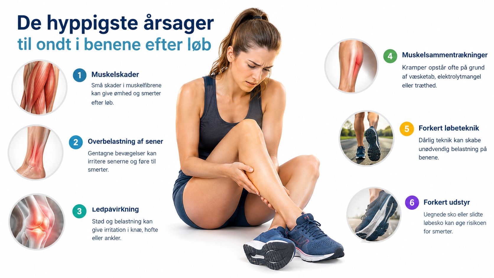 En kvinde med løbeskade der holder om sin skinneben, illustrerer seks hyppige årsager til smerter efter løb.
