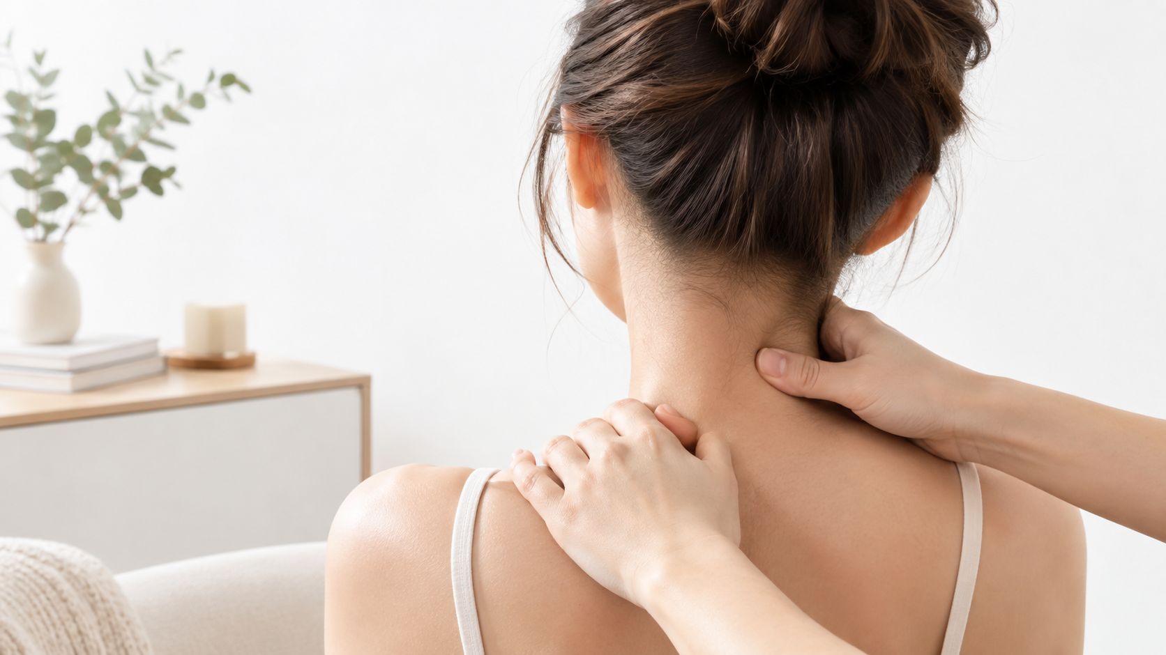 En kvinde modtager en beroligende nakkemassage i en afslappende spa-atmosfære for at lindre spændinger og stress.