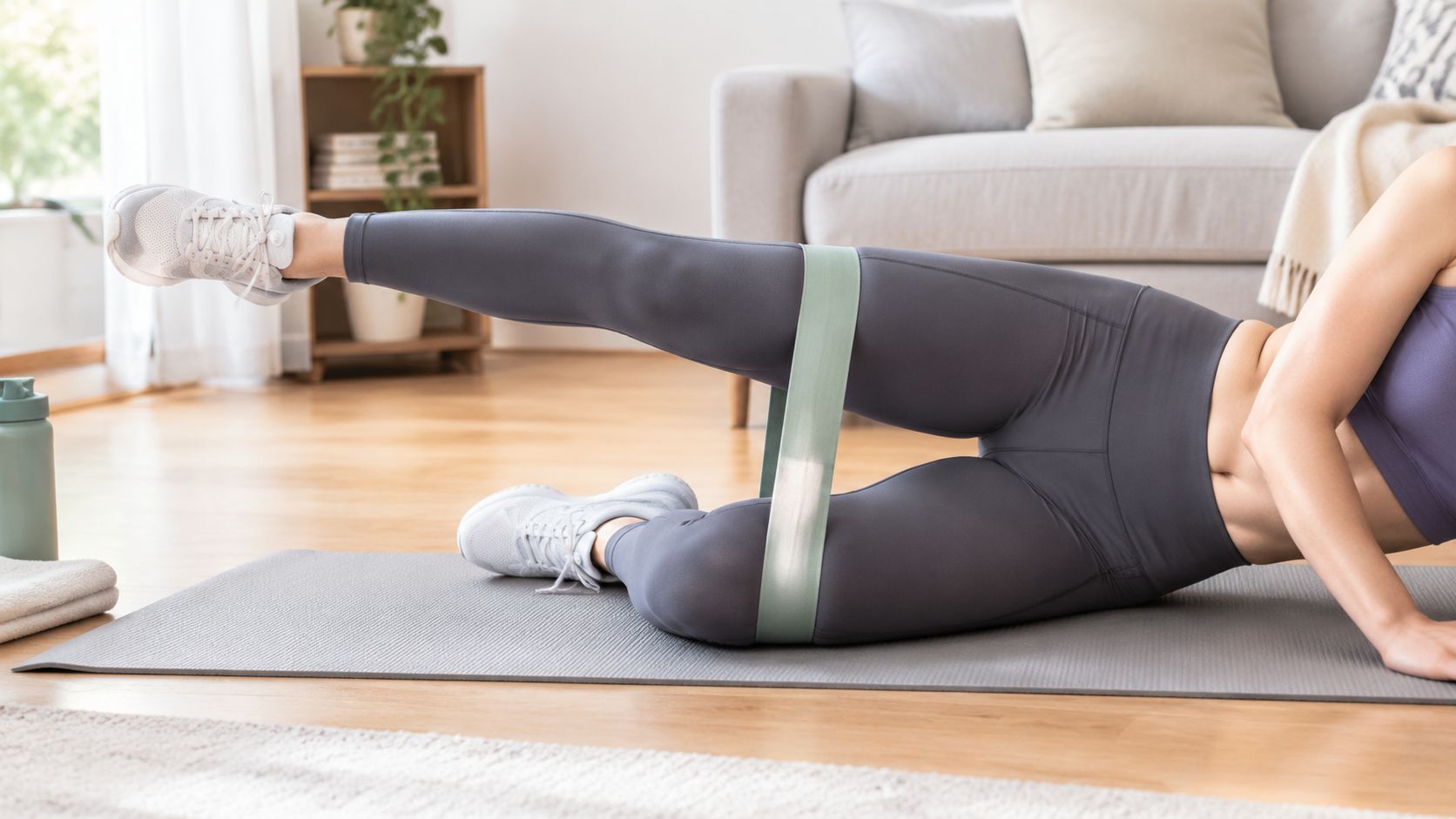 Kvinde udfører benøvelse på en yogamåtte med en modstandselastik omkring lårene for at styrke musklerne.