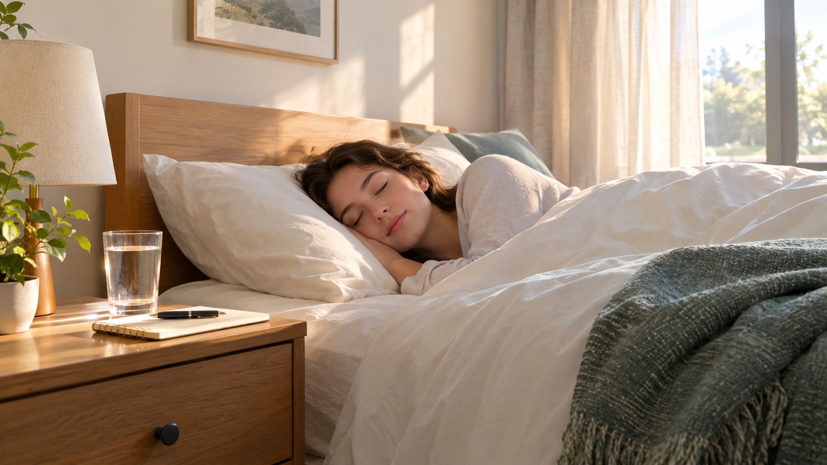En ung kvinde sover fredeligt i sin seng, mens sollyset strømmer ind gennem vinduet i soveværelset.