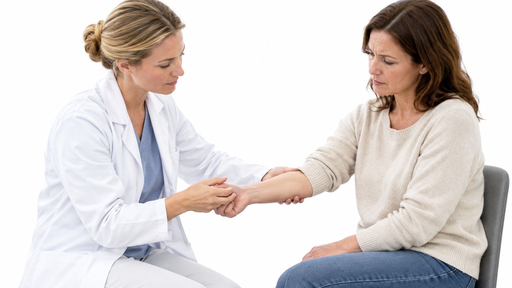 En læge undersøger en kvindelig patients underarm under en konsultation på et kontor med hvid baggrund.