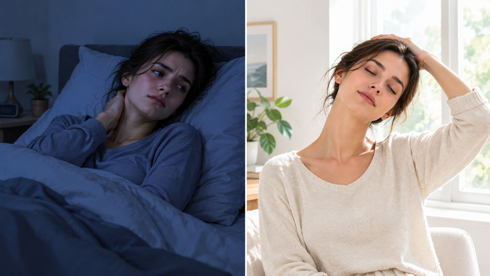 En sammenligning af en kvinde med nakkesmerter i sengen om natten og en afspændt kvinde om dagen.