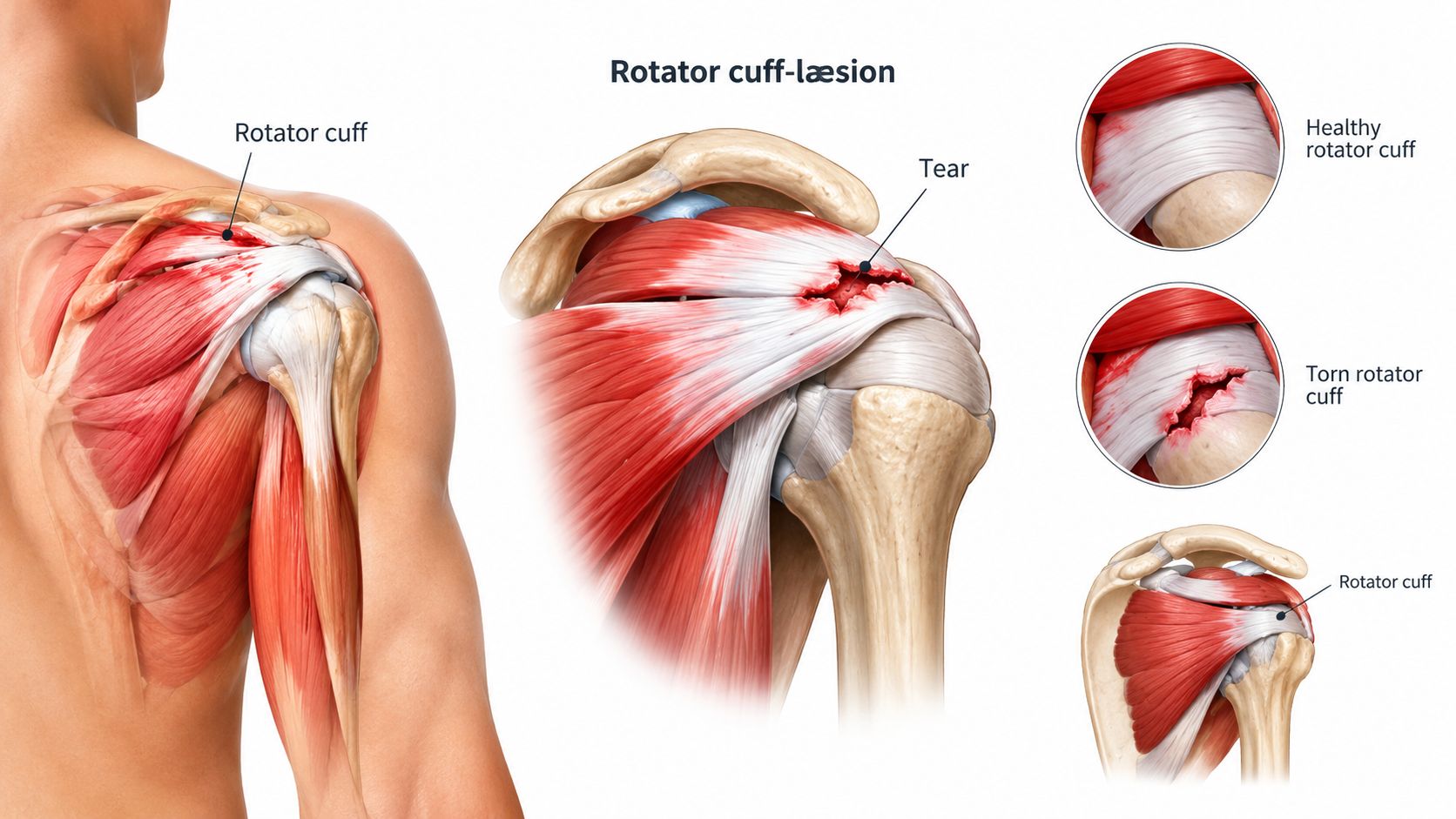Illustration af en skulder der viser anatomi af en rotator cuff læsion med en tydelig sene-skade.