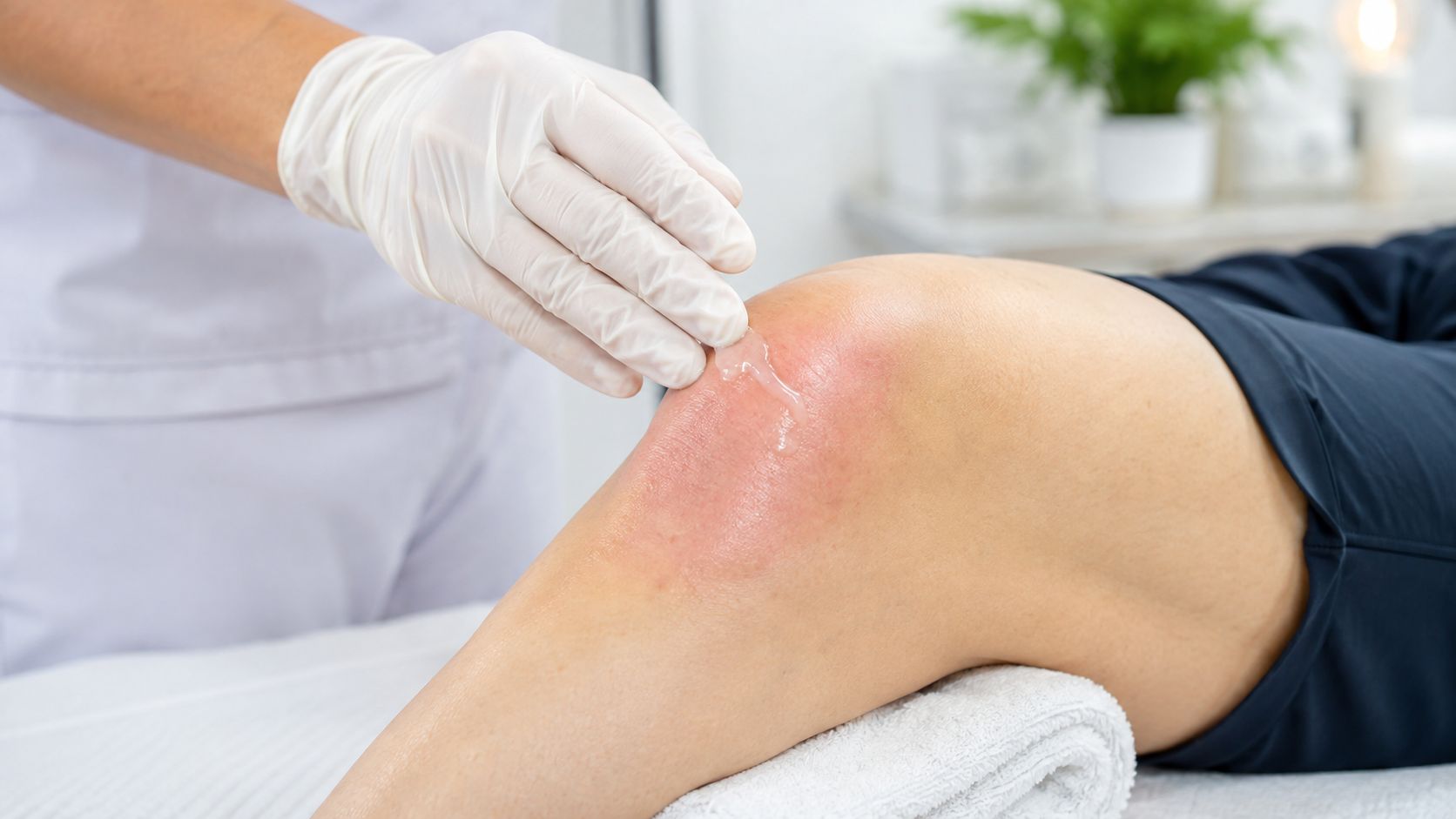 Behandler påfører gel på en patients knæ i forbindelse med forberedelse til en professionel ultralyds- eller laserbehandling.